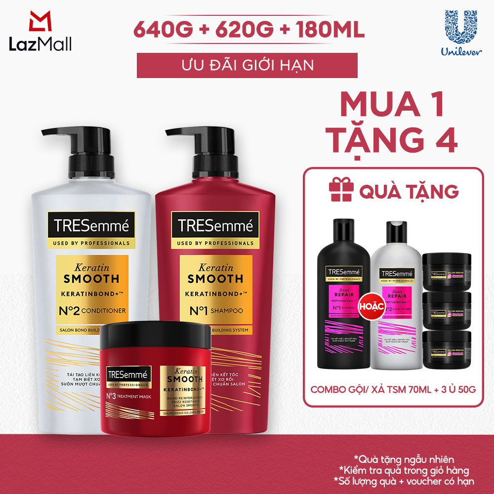  Combo Dầu Gội Dầu Xả Kem Ủ TRESemmé Keratin Smooth  Bond Repair 640g 620g 180ml Cho Tóc Hư Tổn Giúp Vào Nếp Suôn Mượt  Ngăn Gãy Rụng 