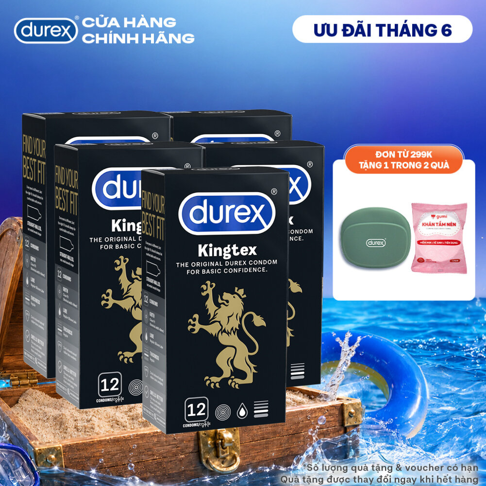 Bộ 5 hộp bao cao su Durex Kingtex bôi trơn, ôm sát size 49mm, 12 bao/hộp