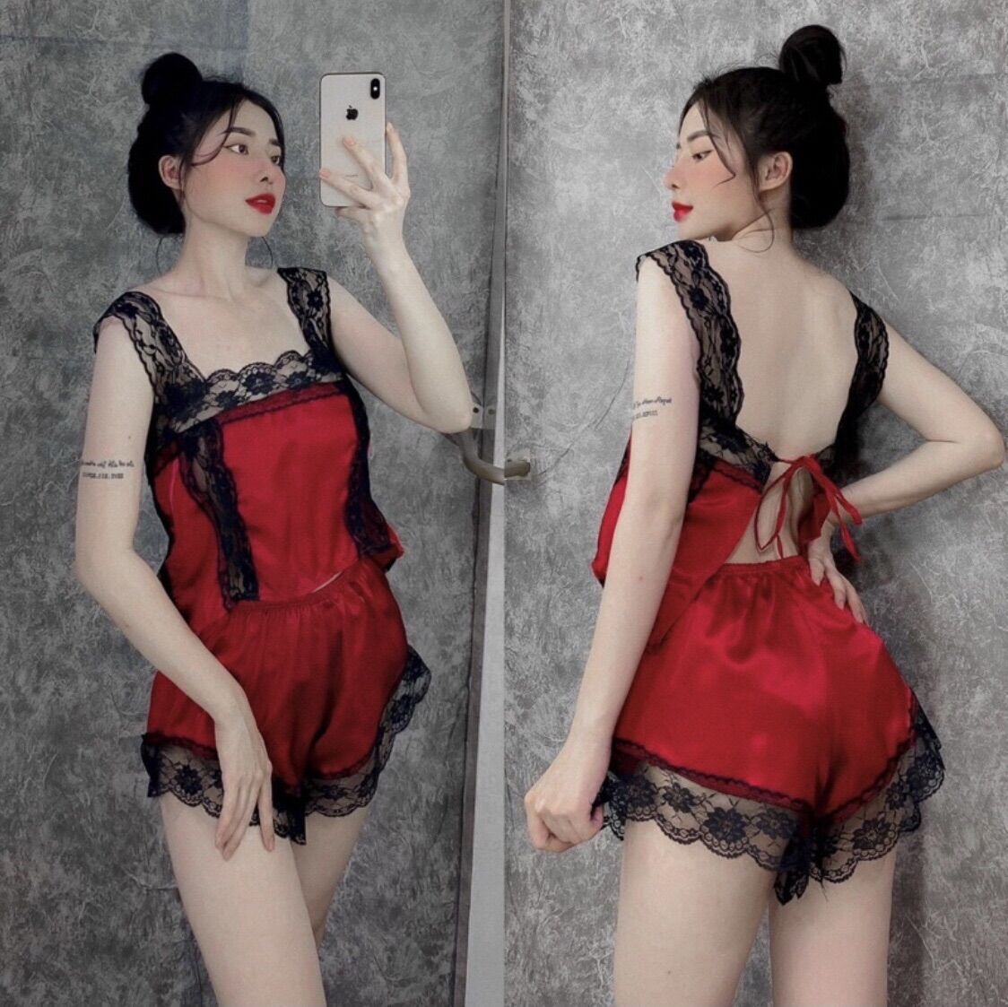 Đồ ngủ sexy phối ren - đồ ngủ sexy phi lụa cột dây ( video+ ảnh thật)