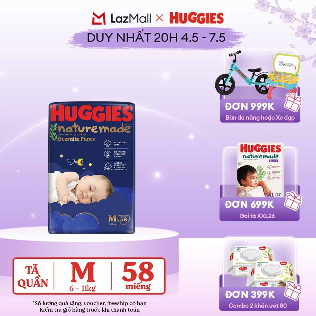 [CHỈ 20h 04-07.05 QUÀ TẶNG ĐƠN 399K](Mua 1 tặng 1) Tã quần Huggies Naturemade ban đêm M58
