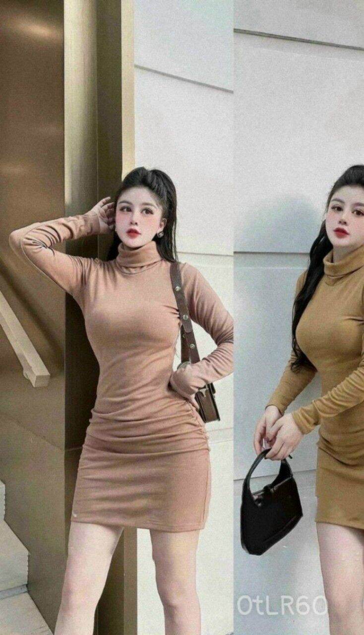 Đầm body cổ lọ tay dài chất thun gân_zuzu