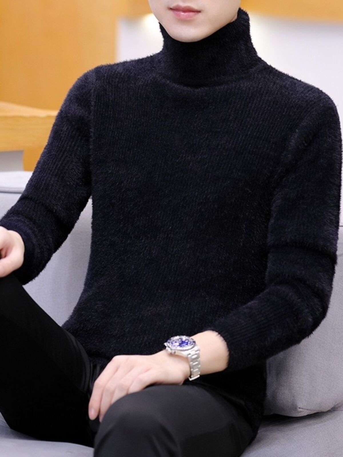 Áo Len Cổ Cao Dày Dặn Cho Nam Áo Len Lót Lông Cáo Thời Trang Thu Đông Áo Len Dệt Kim Dài Tay Thường Ngày Dáng Ôm