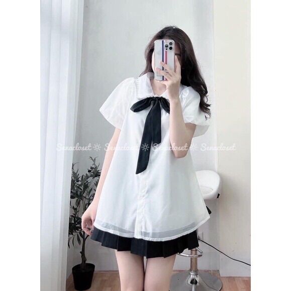 Áo sơmi babydoll voan 2 lớp tay bồng