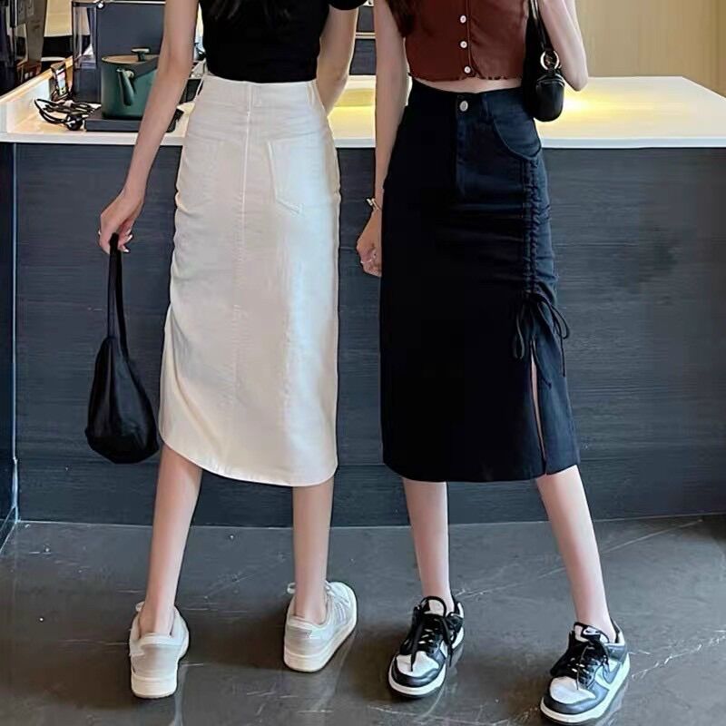 Chân váy Kaki thô dây rút dáng midi trơn