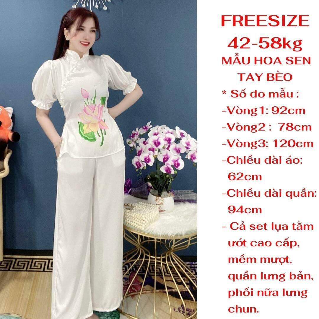 Bộ bà ba hoa sen lụa ngọc trai, phối quần lụa tằm cao cấp phom 42-58kg