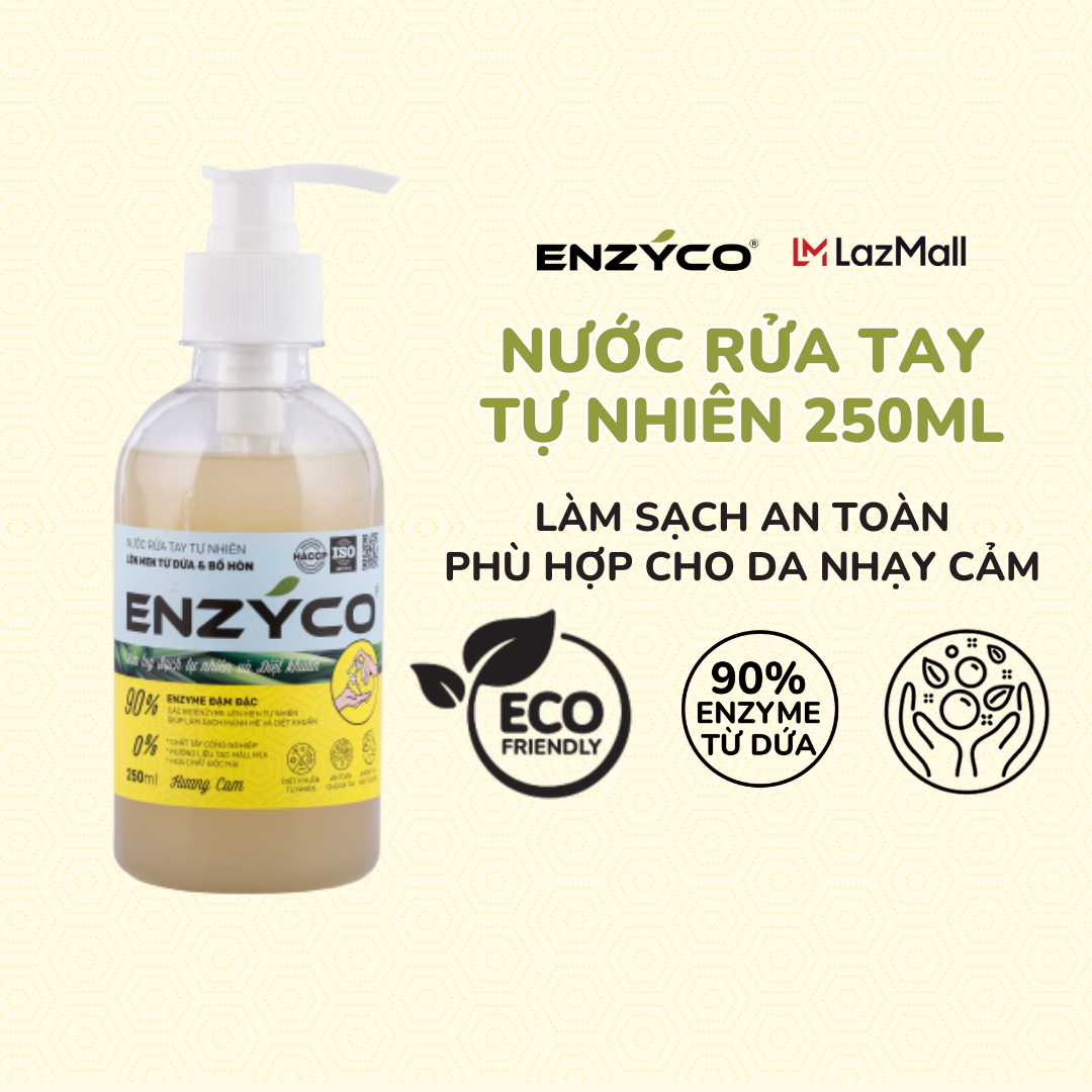 Nước rửa tay sinh học ENZYCO chai 250ML - 90% Enzyme từ dứa giúp làm sạch mạnh mẽ, diệt khuẩn, bảo vệ da tay, mềm da - Hương cam