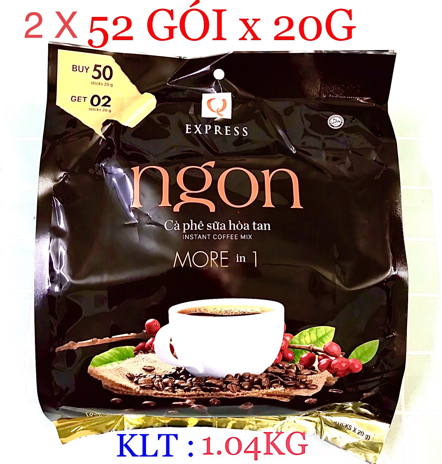 COMBO 2 BỊCH CÀ PHÊ SỮA NGON 3-1 TRẦN QUANG ( 2 BỊCH x 1,04KG = 104 GÓI DÀI x 20G ) DATE 2023