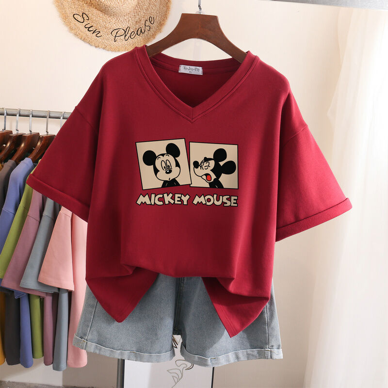 Áo Phông Cỡ Lớn Mickey Cotton Tay Ngắn Cổ Chữ V Áo Che Bụng Thon Gọn Phong Cách Hàn Quốc Rộng Rãi Cho Cô Nàng Mập Ít Người Biết Cảm Giác Thiết Kế Cho Nữ