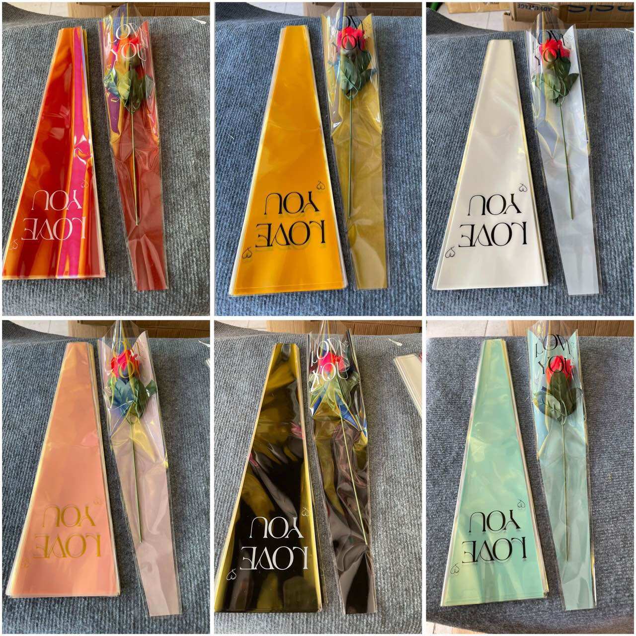 Túi đựng 1 bông hoa chữ LOVE, xấp 50 cái, túi kiếng đựng hoa