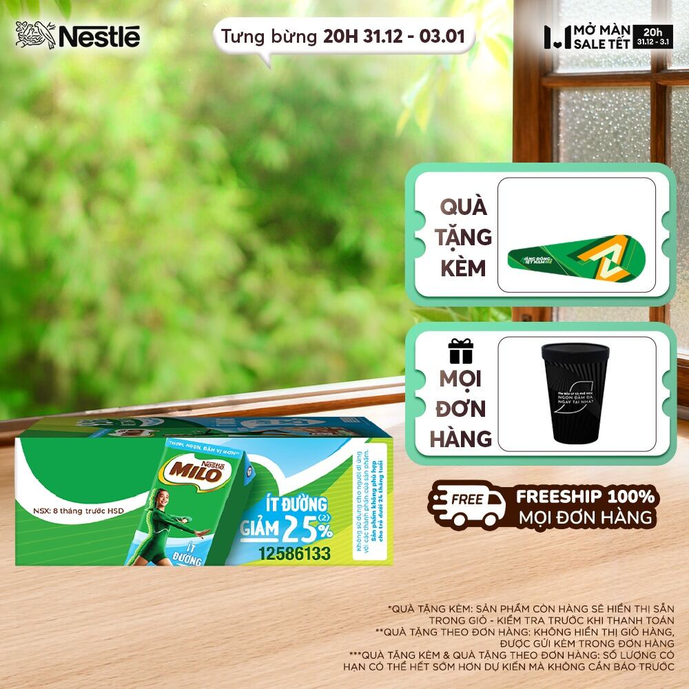   ƯU ĐÃI THÁNG 1   Giao hàng toàn quốc  Sữa lúa mạch Nestlé® MILO® ít đường thùng 48 hộp x 180ml  1x4x180ml  