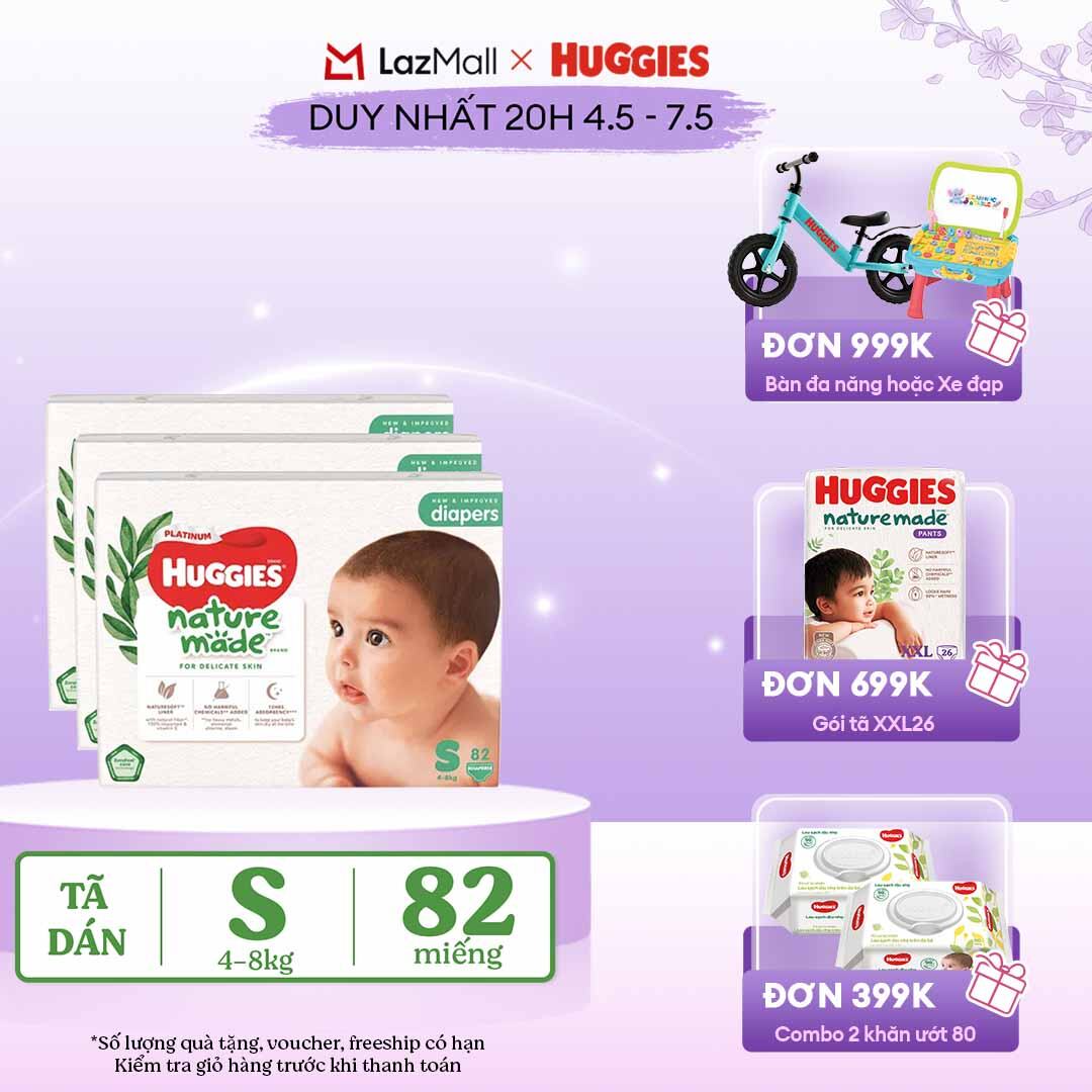 [CHỈ 20h 04-07.05 QUÀ TẶNG ĐƠN 399K](Mua 1 tặng 1) Combo 3 Tã/Bỉm dán sơ sinh Huggies Platinum NatureMade S82 (4-8kg)-Gói Super Jumbo 82 miếng