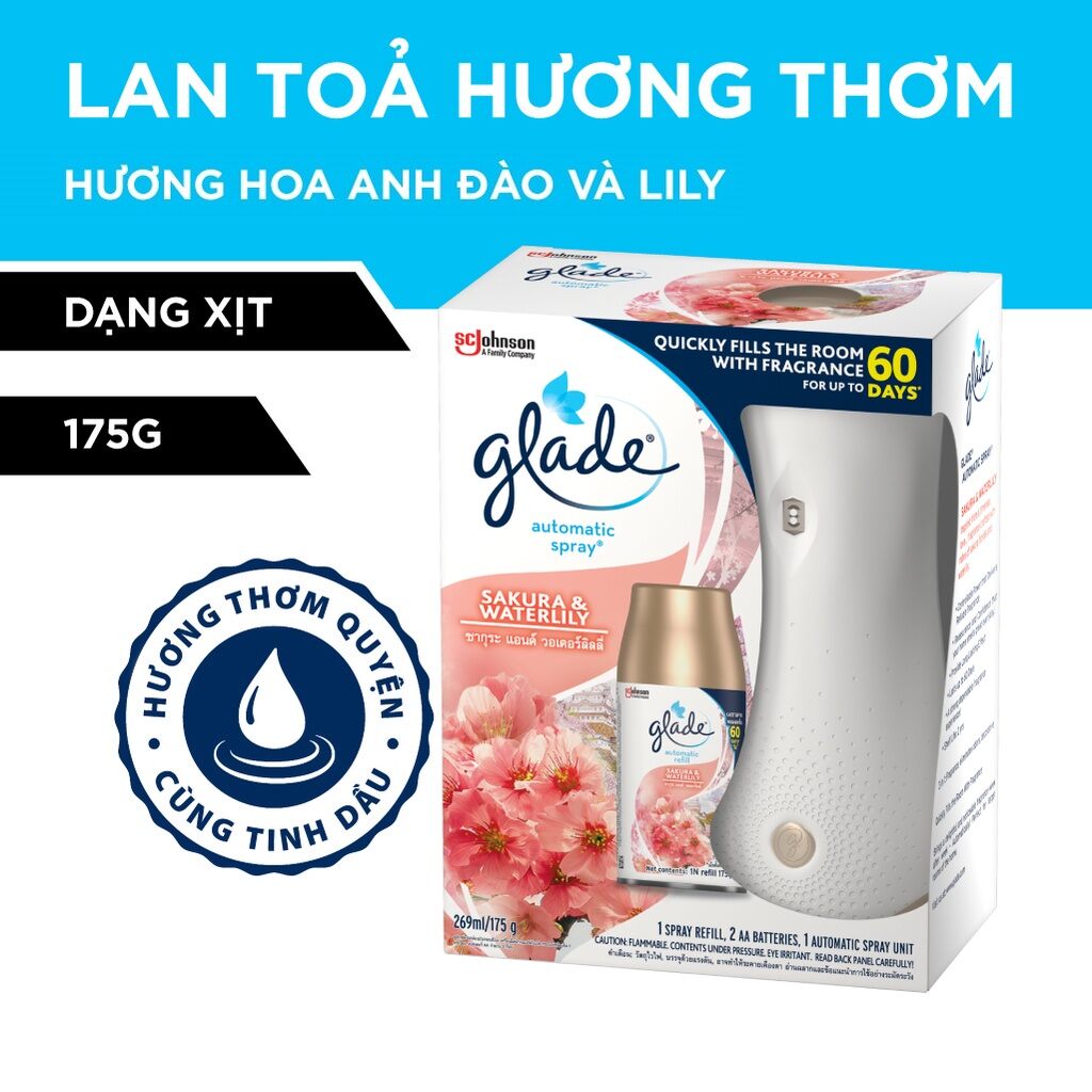 Glade bộ máy & lõi xịt thơm phòng tự động hương hoa anh đào lily 175g