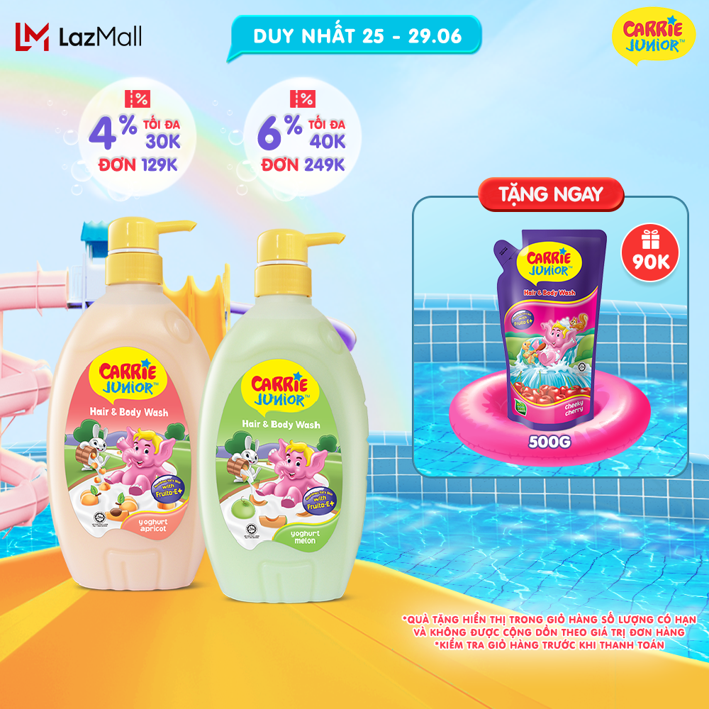 Combo 2 Chai Sữa Tắm Gội Cho Bé Carrie Junior chiết xuất trái cây thiên nhiên Yoghurt Hương Dưa Lưới + Hương Mơ Tây ( 700g x 2)