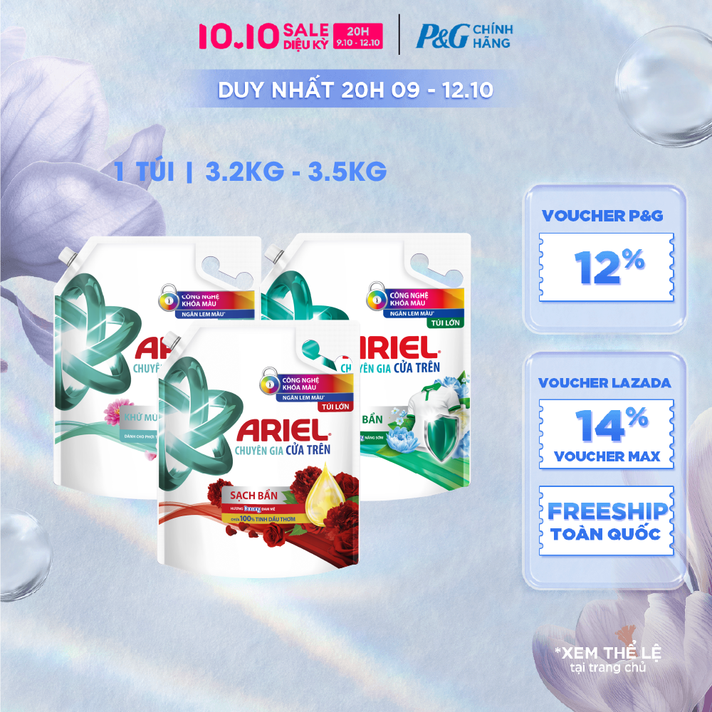 [Voucher 12%] Nước Giặt Cửa Trên ARIEL Ngăn Lem Màu, Quần Áo Siêu Thơm Hương Sạch Sâu Nắng Mai/ Downy Hương Nước Hoa/ Downy Oải Hương/ Đam Mê Túi 3.65KG/ 3.2KG