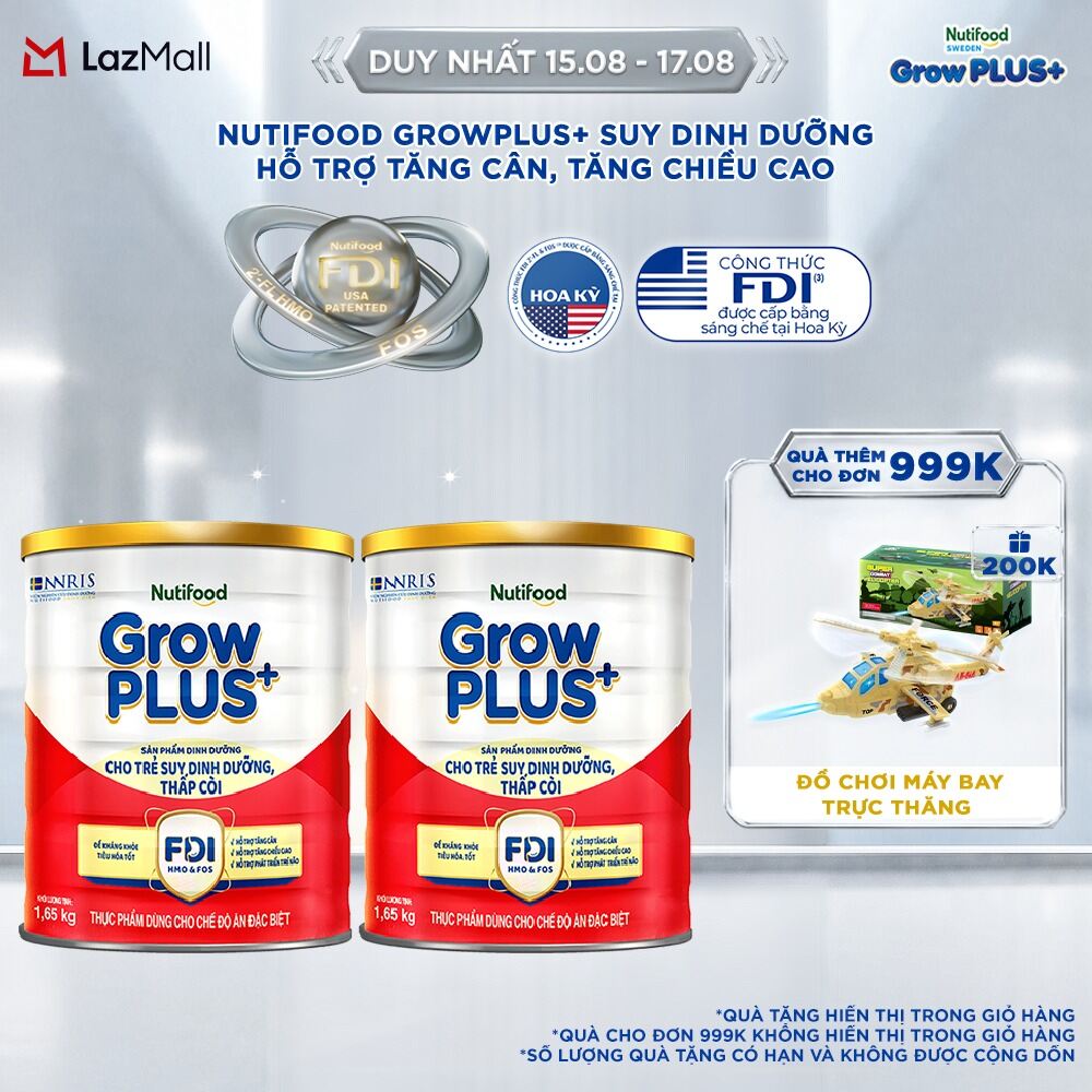 [BAO BÌ MỚI] Combo 2 sữa bột Nutifood GrowPLUS+ Suy Dinh Dưỡng (Đỏ) 1+  - Hỗ trợ tăng cân, tăng chiều cao (Lon 1,65 Kg)