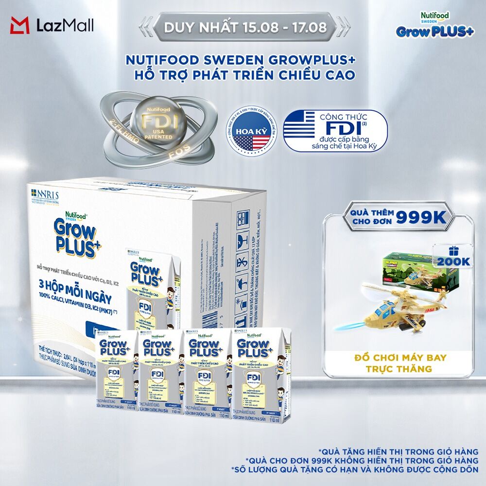 Sữa Bột Pha Sẵn Nutifood Sweden GrowPLUS+ Cao lớn vượt trội - Hỗ trợ phát triển chiều cao hộp 110 ml (24 hộp x 110ml)
