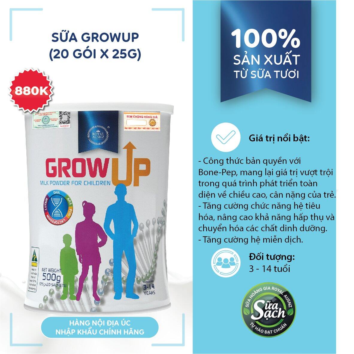 Sữa tăng chiều cao cho bé 3-14 tuổi Grow Up