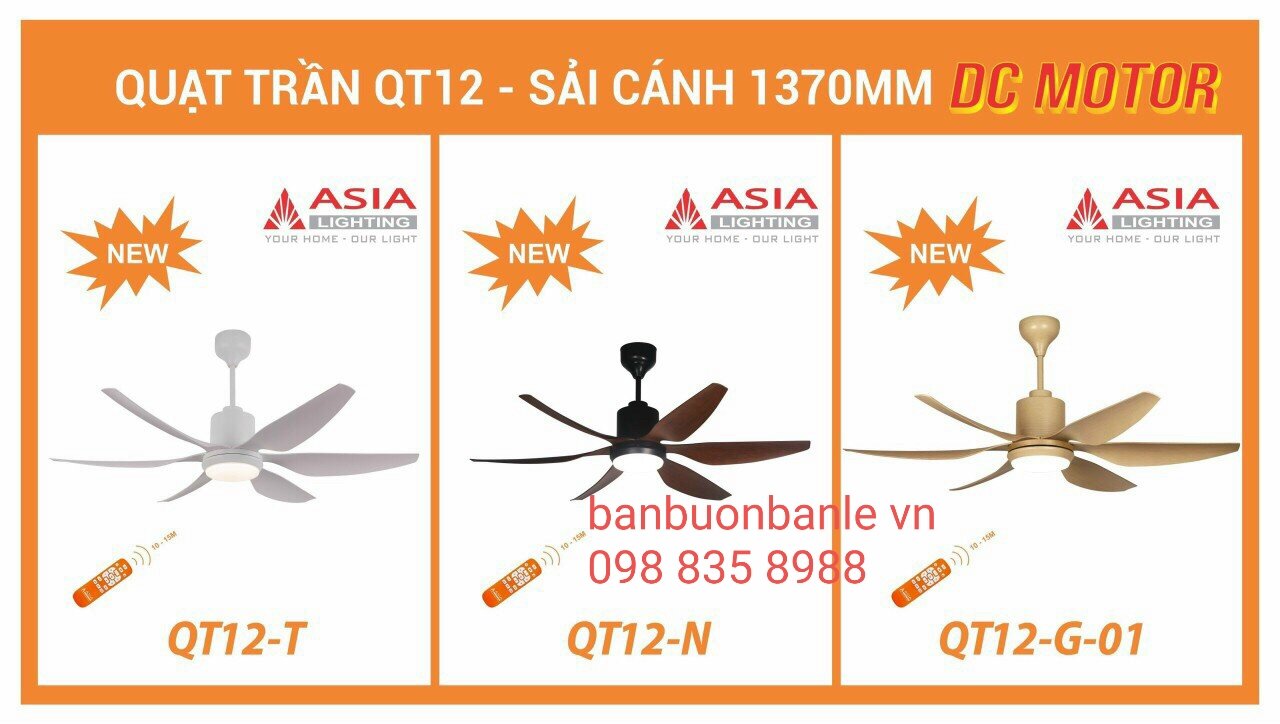 Quạt trần đèn 6 cánh siêu mát 50w -6 cấp độ gió - qt12 asia lighting