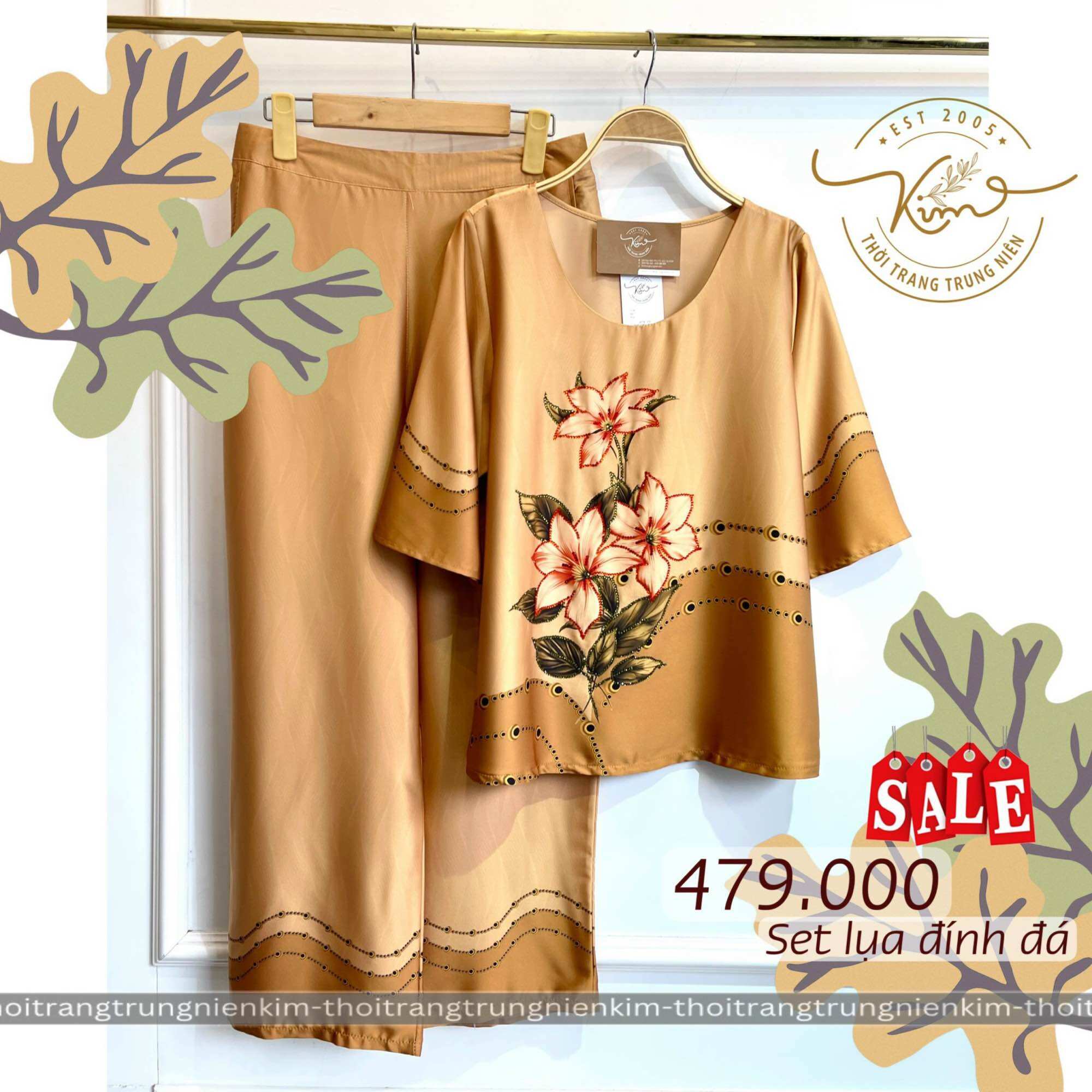 Sét bộ lụa trung niên cao cấp hoạ tiết đính đá sang trọng Bigsize quần dài 90cm