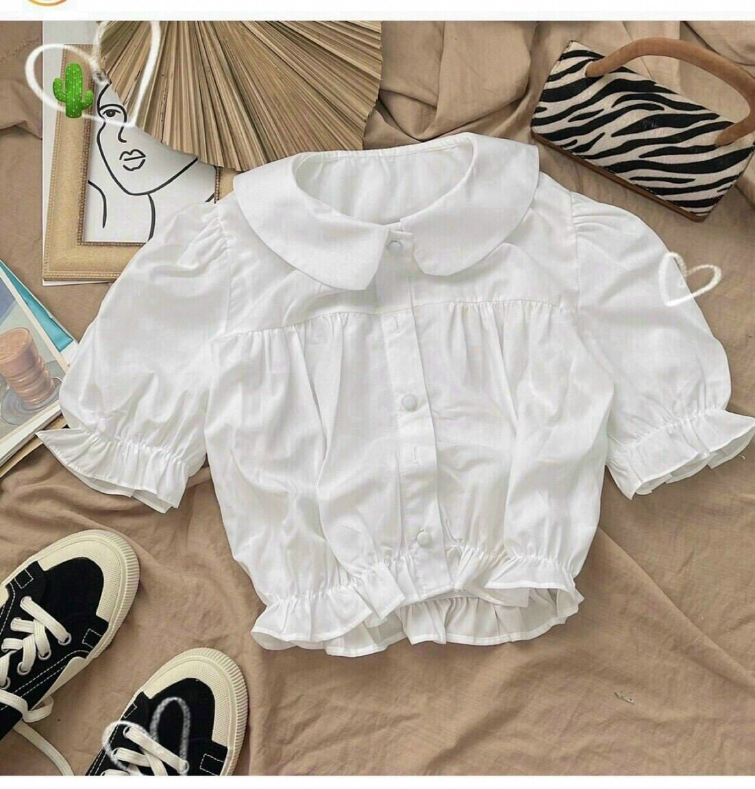 Áo sơ mi nữ croptop cổ cánh sen tay phồng dễ thương