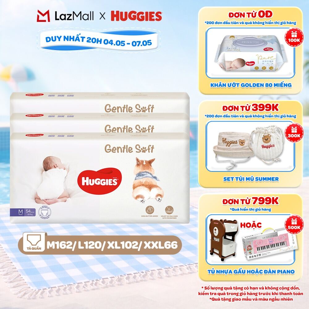 Combo 3 Tã quần Huggies Gentle Soft - Corgi M54/L40/XL34/XXL22 miếng êm mềm nâng niu làn da bé