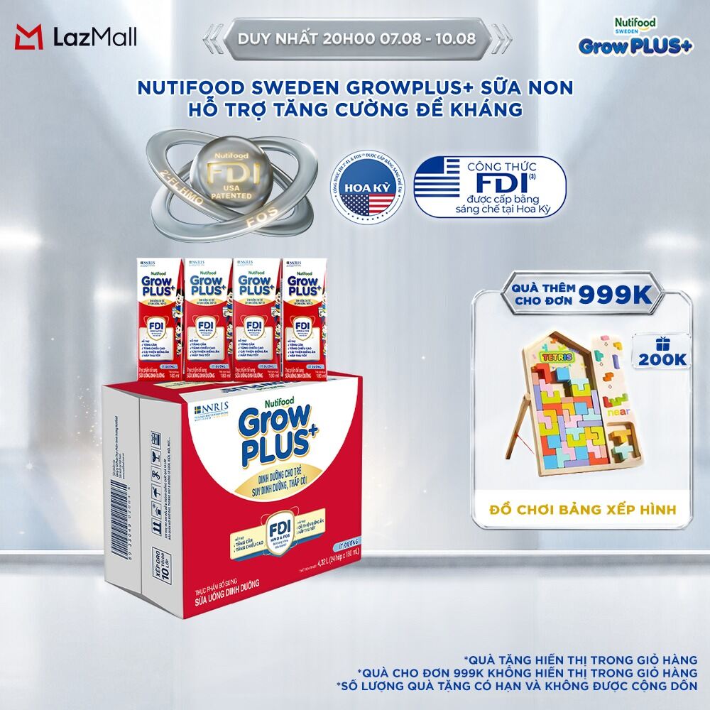 Thùng 24 hộp Sữa Nước Pha Sẵn Nutifood GrowPLUS+ Suy Dinh Dưỡng (Đỏ) - Hỗ trợ tăng cân tăng chiều cao Ít đường 180ml - Trên 1 tuổi (Bao bì tùy đợt nhập hàng)