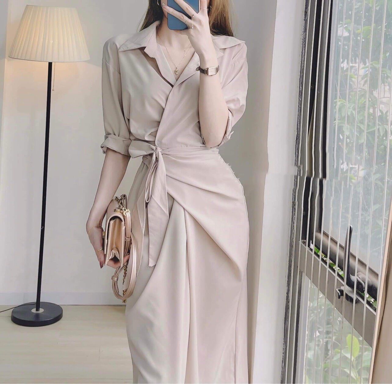 ĐẦM MIDI SƠMI PHỐI EO XOẮN