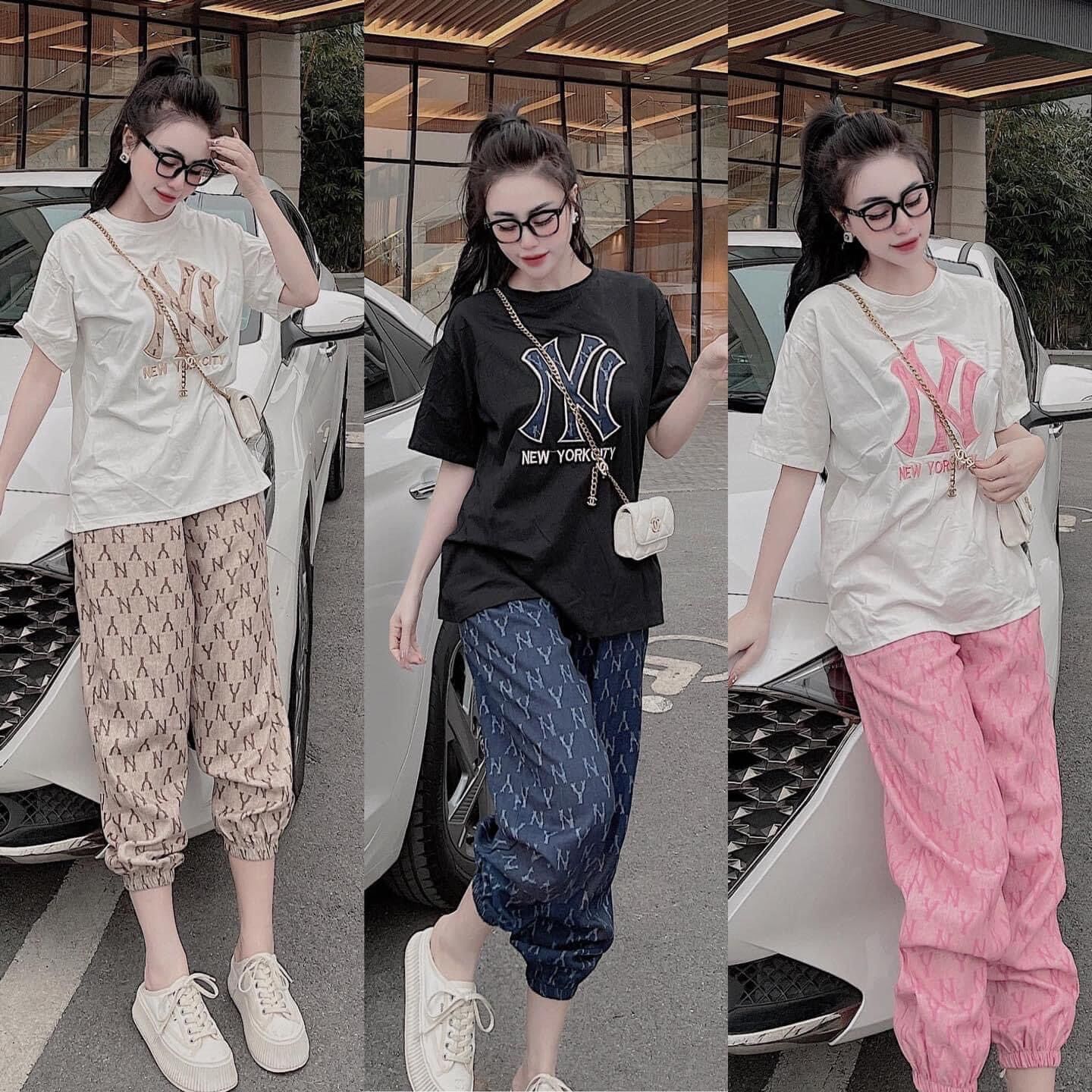 Set áo thun form rộng thêu chữ kèm quần bo chun túi zip xịn xò