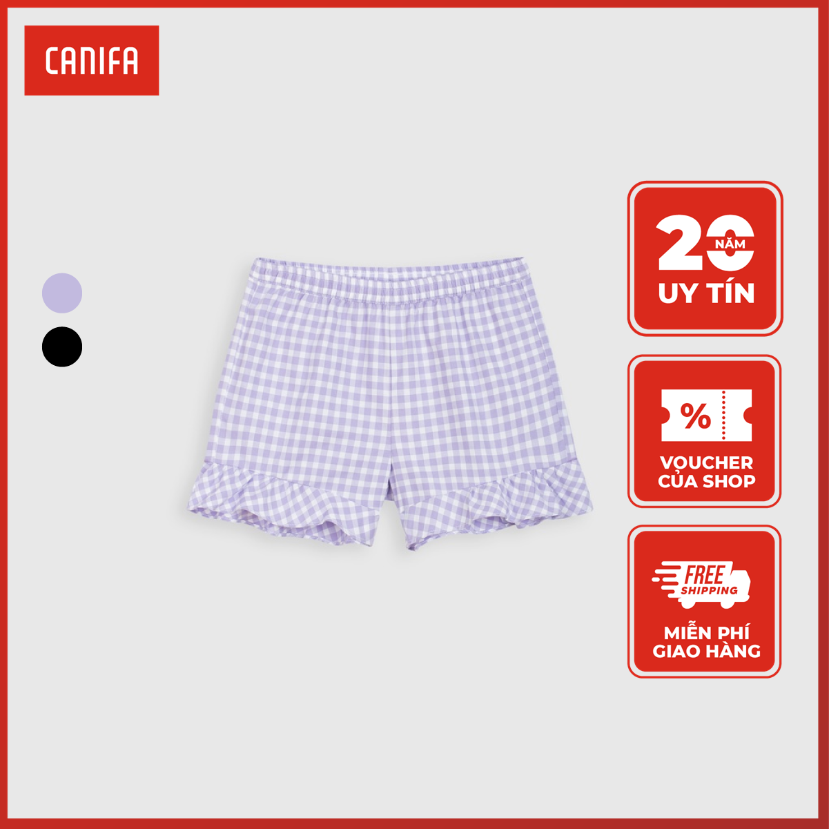 Quần short bé gái canifa họa tiết caro, 100% cotton 1bs21s003