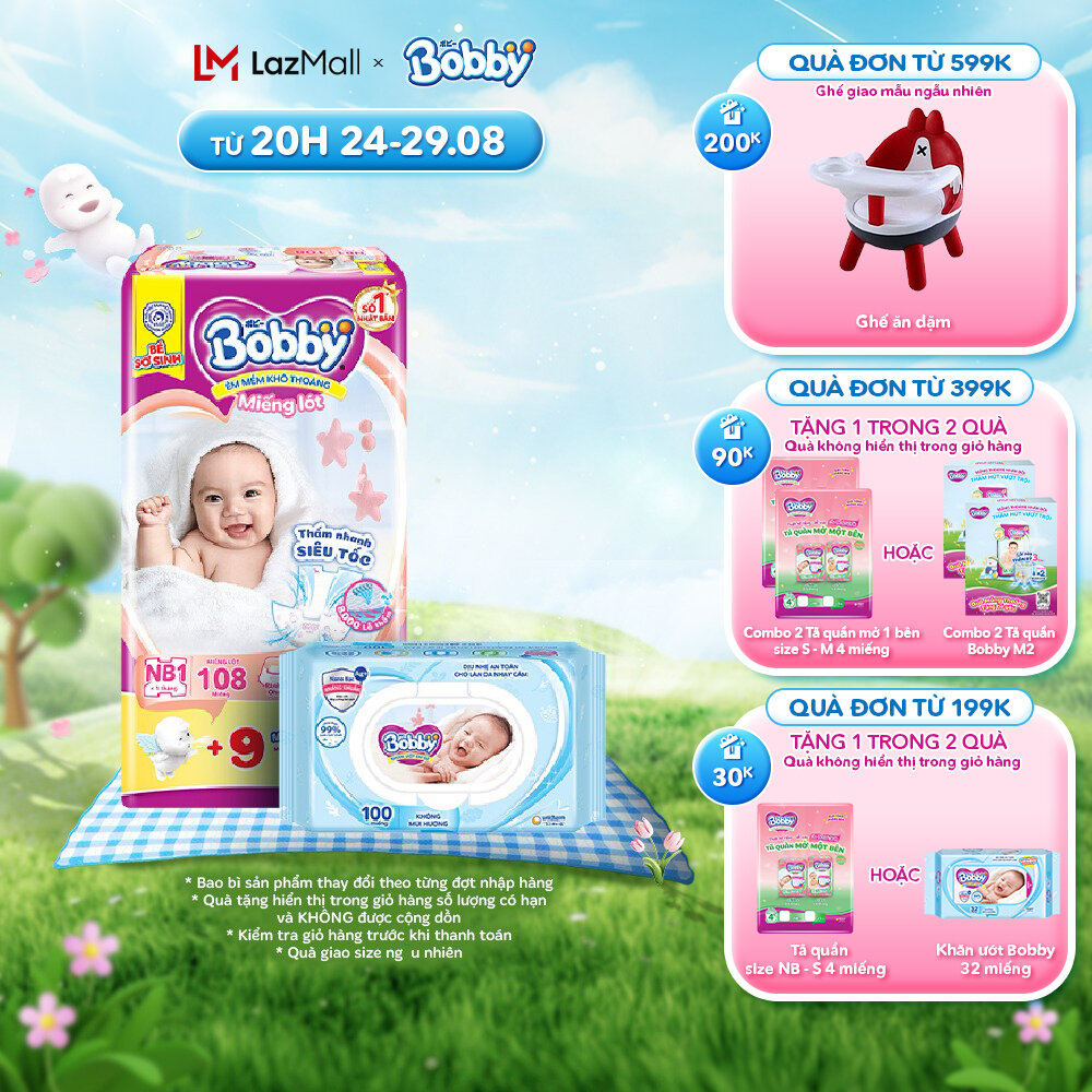 Combo 1 gói Miếng lót sơ sinh Bobby Newborn NB1 - 108 miếng và 1 gói Khăn ướt trẻ em Bobby Care Không mùi hương - 100 tờ