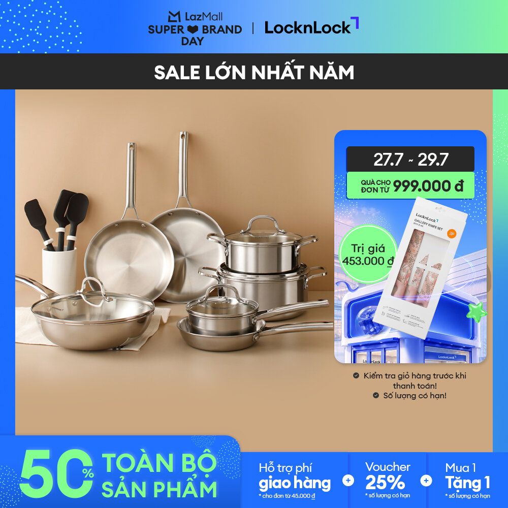 Nồi, Chảo LocknLock Eleve thép không gỉ SUS304 tay cầm đúc nguyên khối nhiều kích thước, dùng được bếp từ