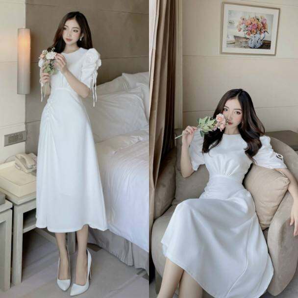 Đầm Dài Dự Tiệc Thiết Kế Tay Rút Nhún Eo Đính Ngọc Màu Trắng