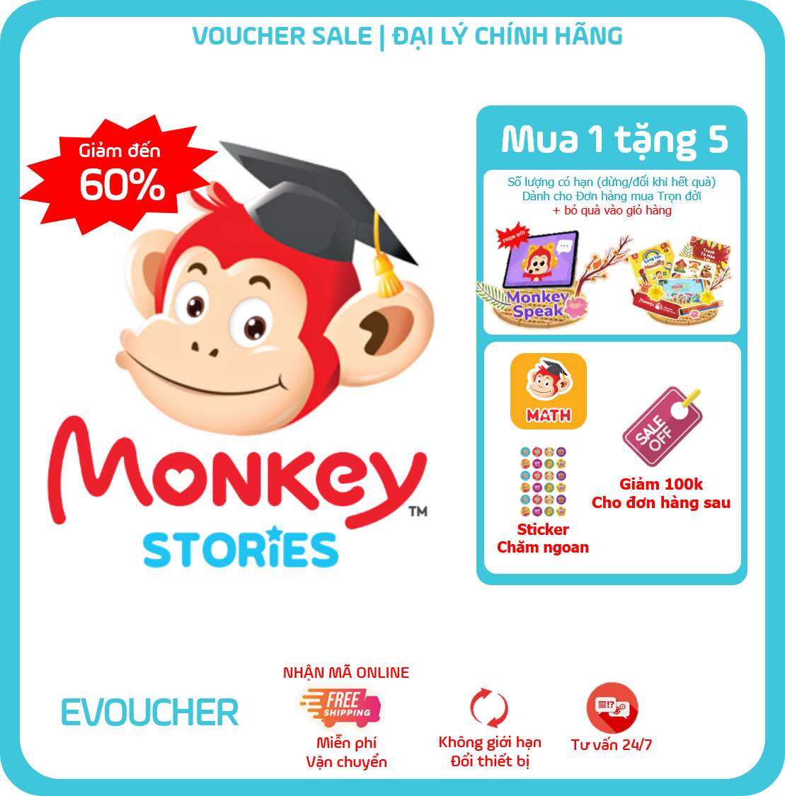 Evoucher Khoá học Monkey Stories (Trọn đời, 1 năm) - Truyện tương tác Phát triển toàn diện 4 kỹ năng nghe - nói - đọc - viết tiếng Anh dành cho bé từ 4 đến 14 tuổi