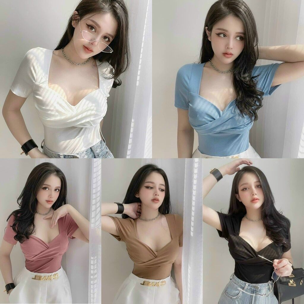 Áo xoắn ngực tay ngắn có mút ngực
