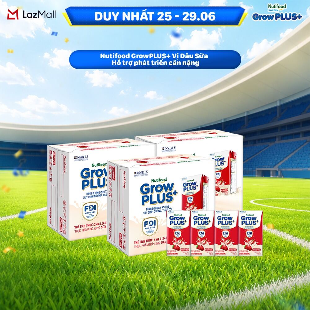 Combo 3 Thùng 24 hộp Sữa bột pha sẵn Nutifood GrowPLUS+ Vị Dâu Sữa hộp 110ml - Hỗ trợ phát triển cân nặng