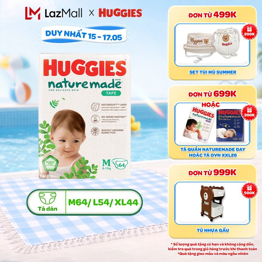 Tã/Bỉm dán Huggies NatureMade M64/L54/XL44