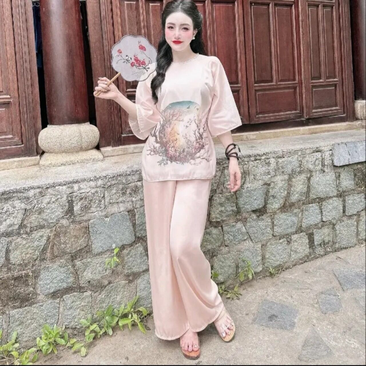 Sét lam cổ tròn nút ngọc chất lụa voan tơ ánh kim