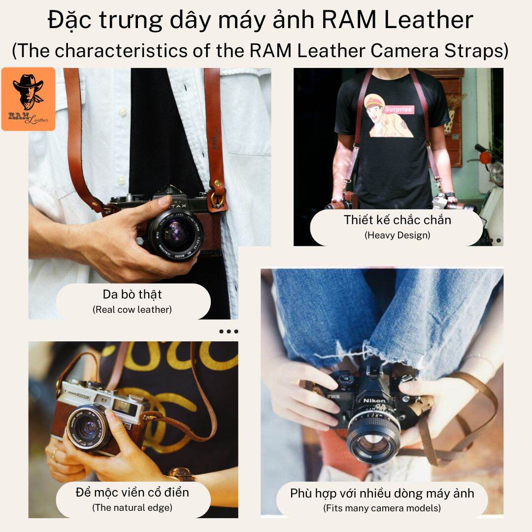 Dây đeo máy ảnh siêu bền canon / nikon / sony / fujifilm da bò thật rất đẹp cho fujifilm / sony / canon m / nikon chính hãng ram leather