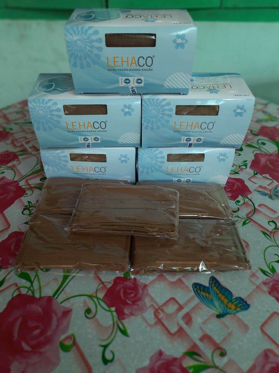 Combo 5 hộp khẩu trang 4 lớp màu nâu cafe lehaco kháng khuẩn kháng bụi kháng vi