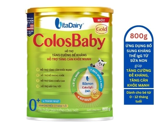 Sữa non ColosBaby Gold 0+ 800g (Mới), vị thanh nhạt, giúp tăng cường đề kháng, tăng cân khỏe mạnh . Có mã QR tích điểm. Date luôn mới