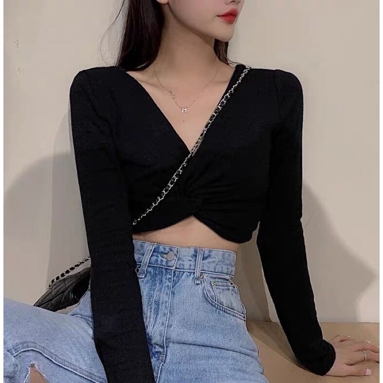 Áo croptop tay dài xoắn ngực ảnh thật cuối x8