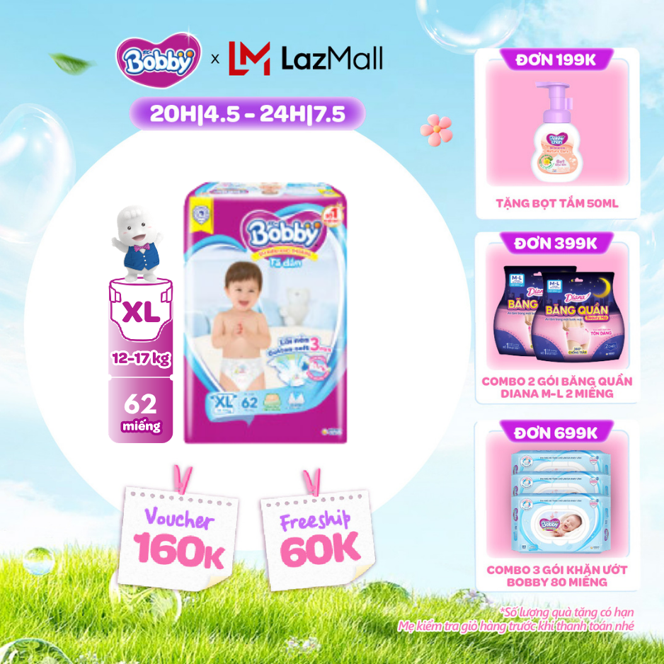 [CHỈ 20h 04-07.05 QT Đơn 899K/1199K]Tã/Bỉm dán Bobby 3mm Ultra Jumbo Gạo non Giảm nhiệt XL62