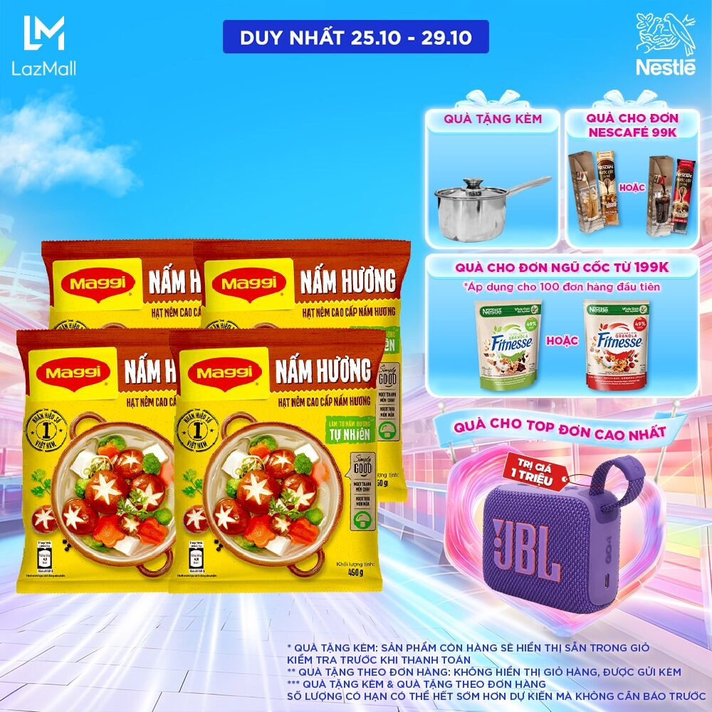 [QUÀ TẶNG THÁNG 10 - Mua 1 tặng 1 Chảo Inox Lòng Sâu Maggi] [FREESHIP HCM & HN] Combo 4 gói Hạt nêm cao cấp MAGGI® Nấm Hương (450g x 4)