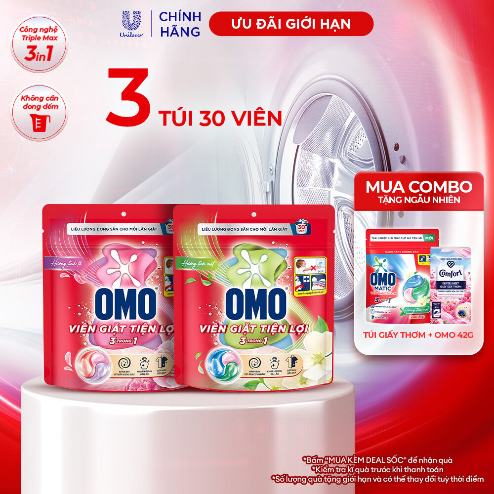 Combo túi viên giặt tiện lợi OMO 3 trong 1 Hương Tinh Tế/Tươi Mát 30-50 viên/túi (bao bì tùy lô nhập hàng)
