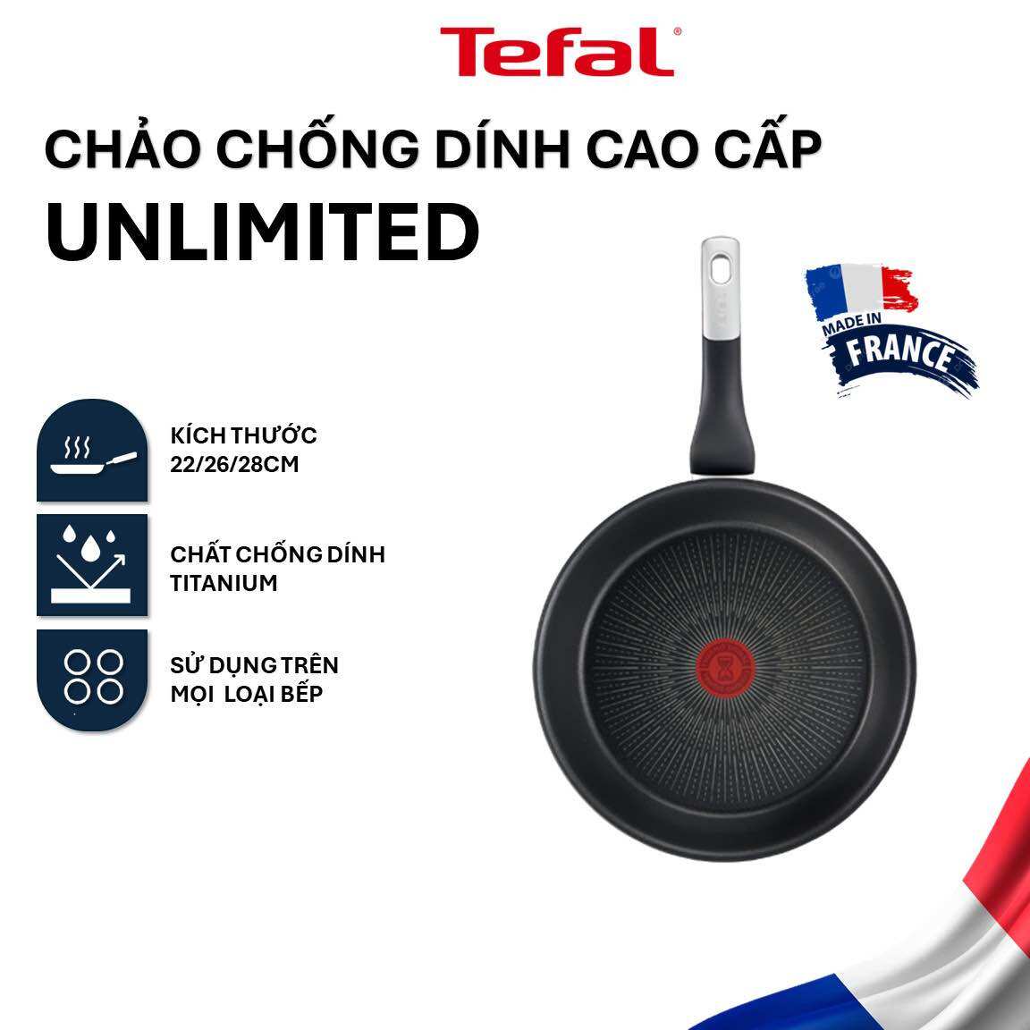 Chảo chiên tefal unlimited 20/22/26/28cm - sản xuất tại pháp