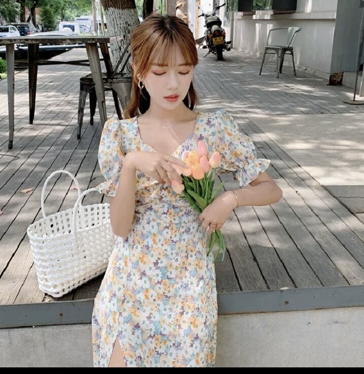 Váy đầm Voan dự tiệc hoa nhí dáng dài kiểu suông đẹp, đầm nữ đẹp đi ăn cưới, đầm sang trọng dự tiệc sang chảnh, đầm suông đẹp trang trọng