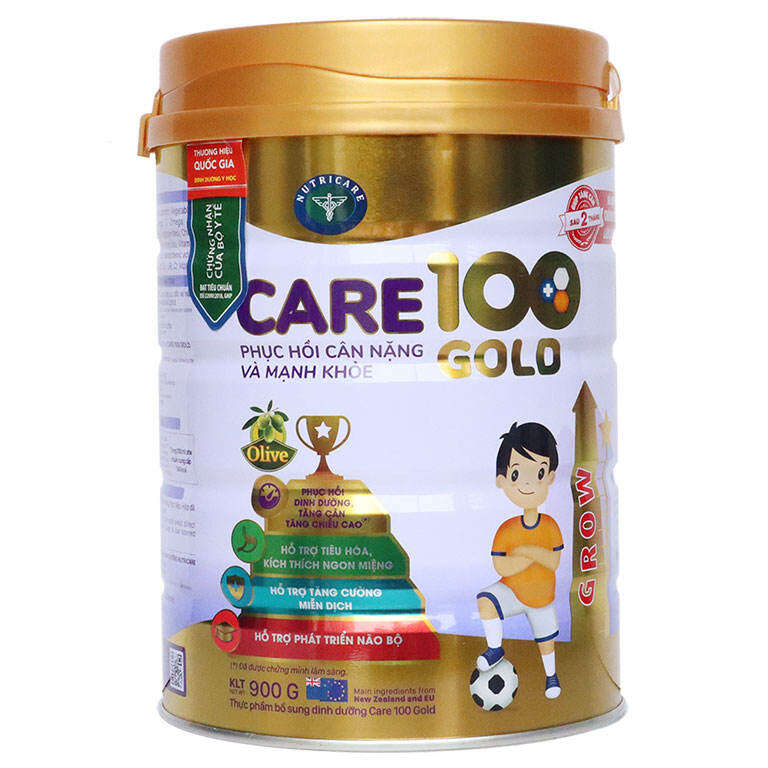 Sữa Care 100 Gold 900g (cho trẻ từ 1 – 10 tuổi).công thức cải tiến mới hỗ trợ tiêu hóa, kích thích ngon miệng giúp trẻ tăng trưởng Cân nặng & Chiều cao vượt trội.