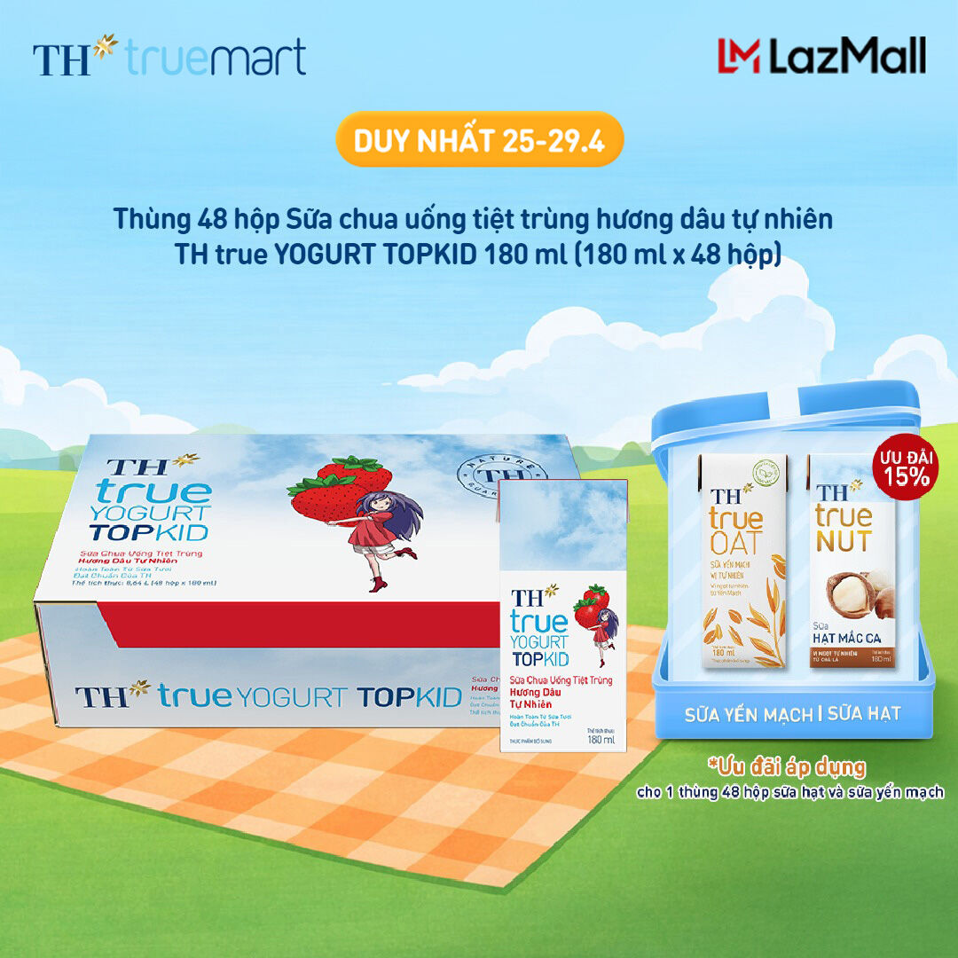 Thùng 48 hộp sữa chua uống tiệt trùng TH true YOGURT TOPKID hương dâu tự nhiên 180 ml (180 ml x 48)