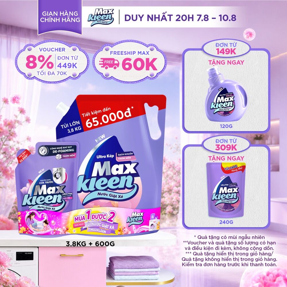 Combo Nước giặt xả MaxKleen Hương Hoa Nắng: 1 Túi 3.8kg + 1 Túi 600g