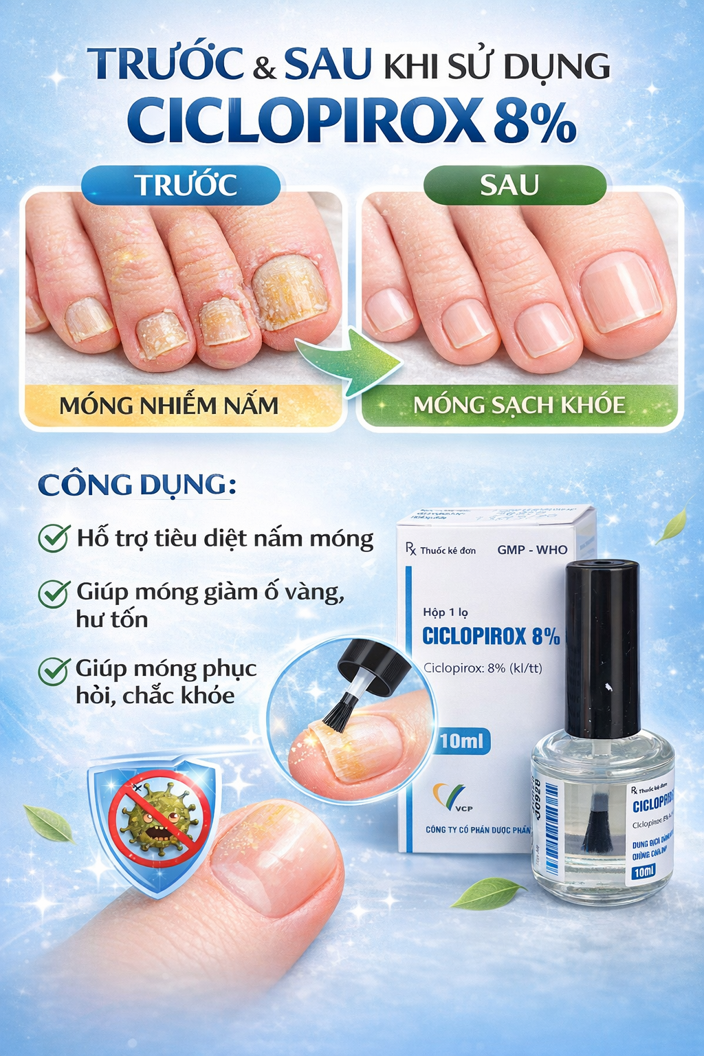 GEL SƠN NẤM MÓNG TAY CHÂN CICLOPIROX VCP CHAI 100ML